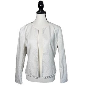 J.Crew White Blazer Jacket Medium Linen Cotton Cropped Lined Open Pom Pom Hem